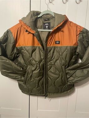Vans Olive Green and Orange Hooded Puffer Jacket